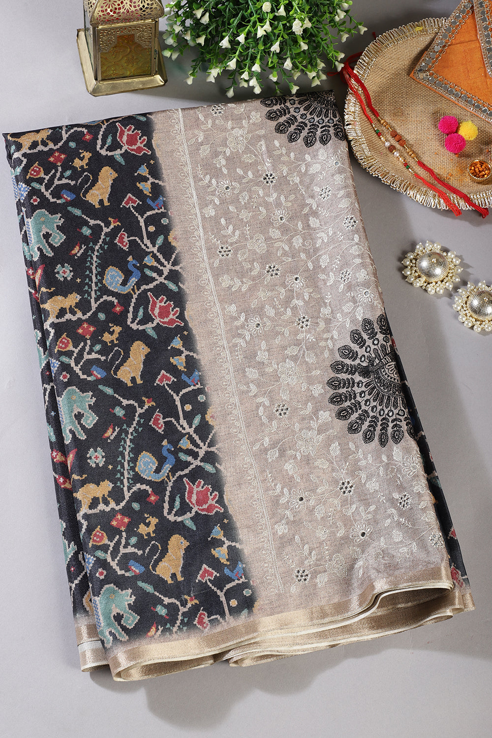 Bottle Green Tussar Silk Printed Saree