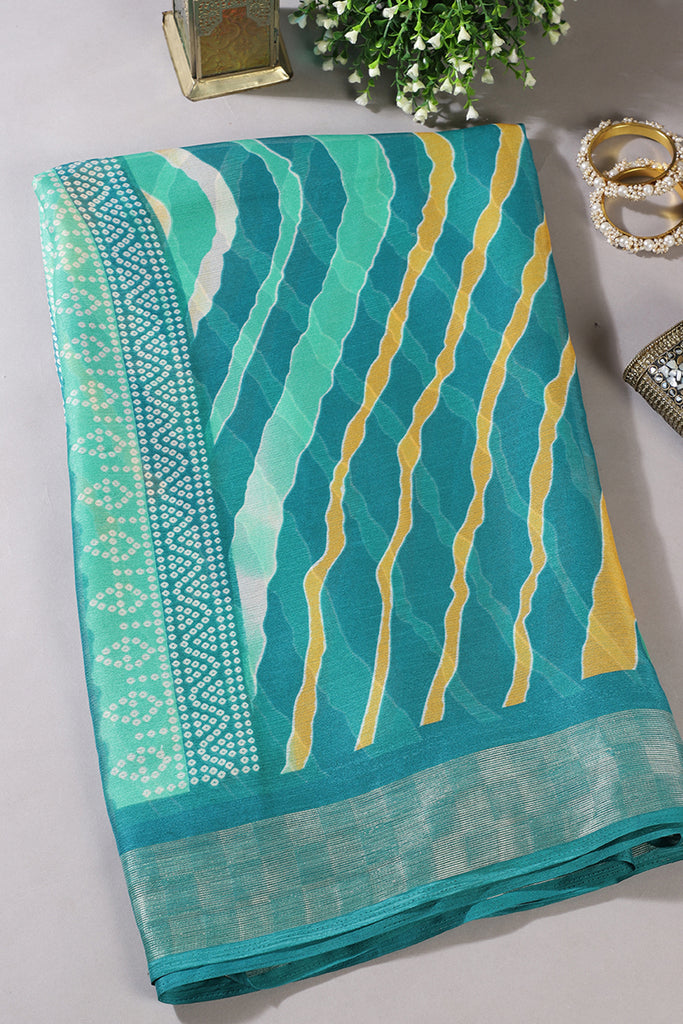 Teal & Yellow Color Chiffon Printed Saree