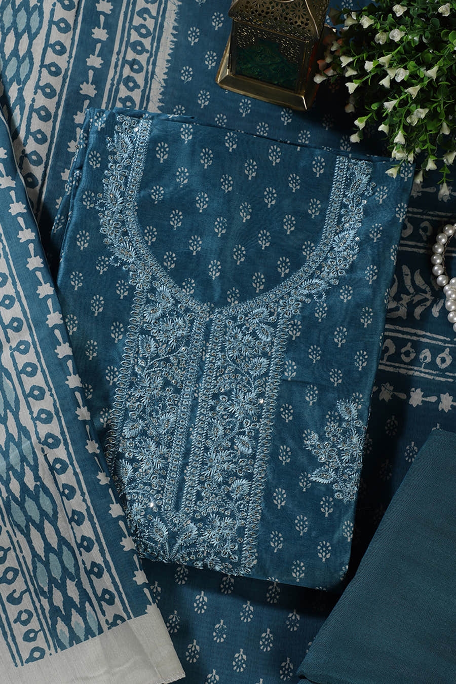 Blue Chanderi Silk Printed And Embroidered Unstitched Suit Material