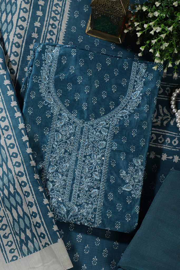 Blue Chanderi Silk Printed And Embroidered Unstitched Suit Material