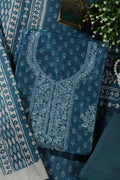Blue Chanderi Silk Printed And Embroidered Unstitched Suit Material