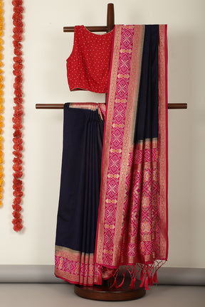 Navy & Magenta Dual Toned Tussar Silk Patola Woven Saree
