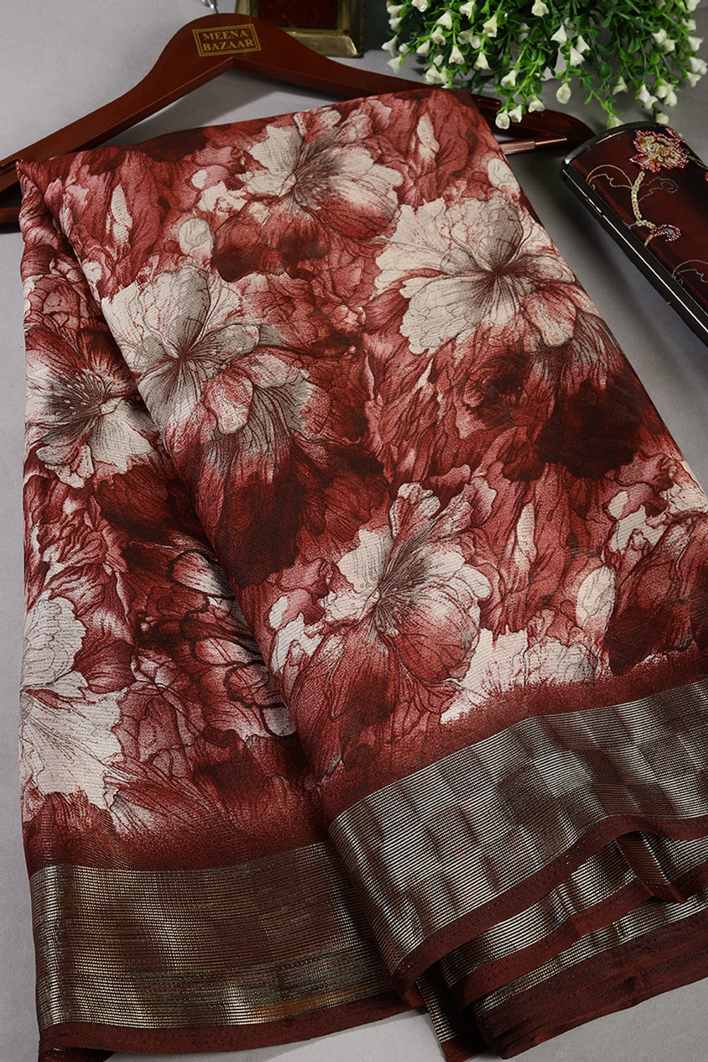 Seal Brown Color Chiffon Floral Printed Saree