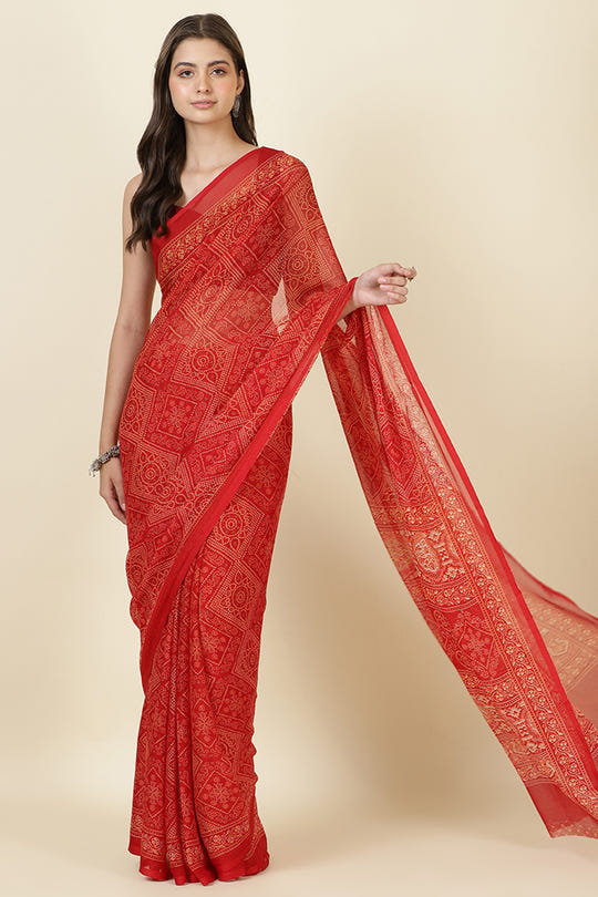 Red Georgette Bandhani Printed Saree