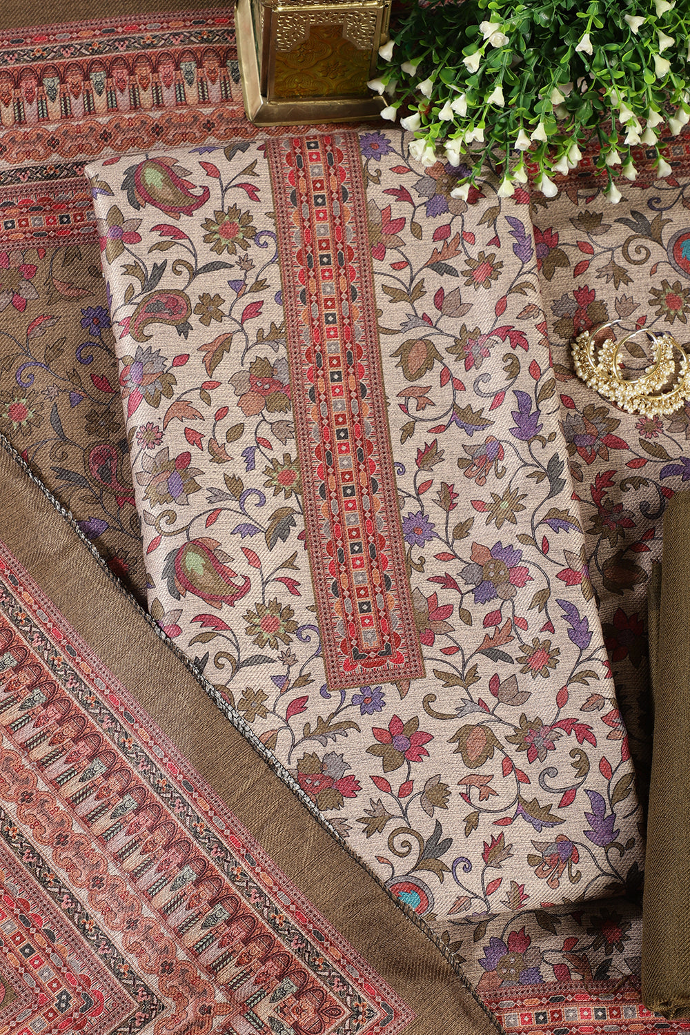 Mehandi Color Pashmina Floral Printed Unstitched Suit Fabric