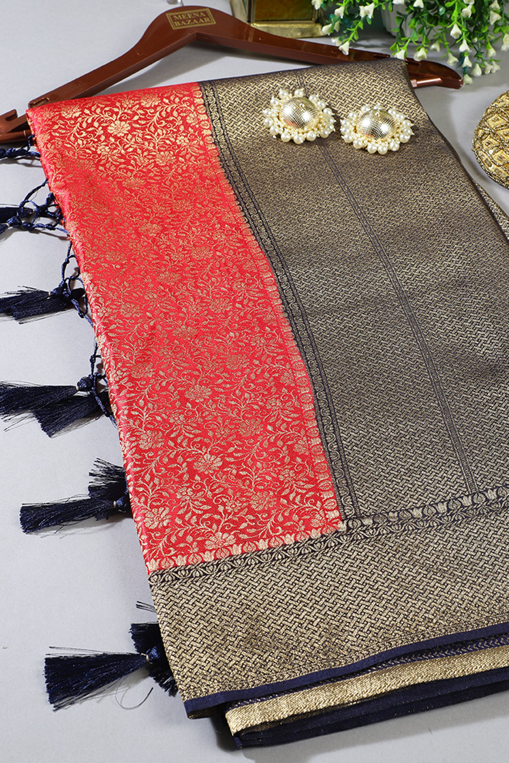 Cherry Red And Navy Floral Zari Woven Sarees