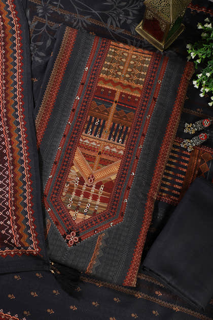 Navy Printed Spun Unstitched Suit Material
