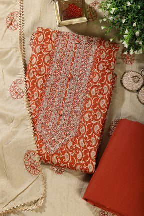 Burnt Orange Cotton Digital Buta-Printed & Neck Embroidered Unstitched Suit