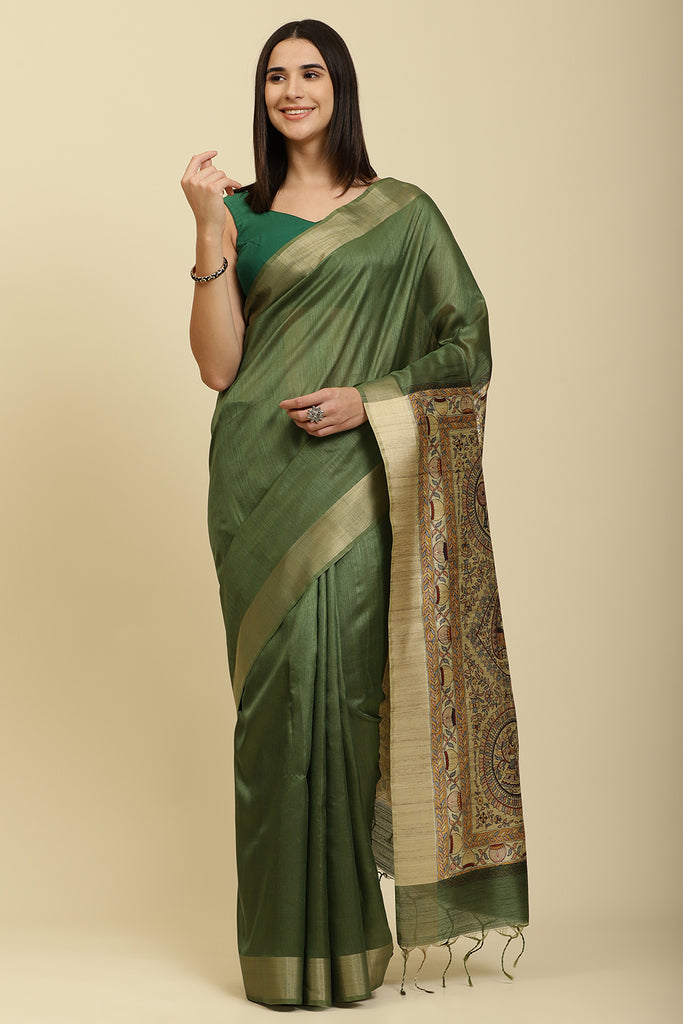 Green Color Cotton Silk Madhubani Print Saree