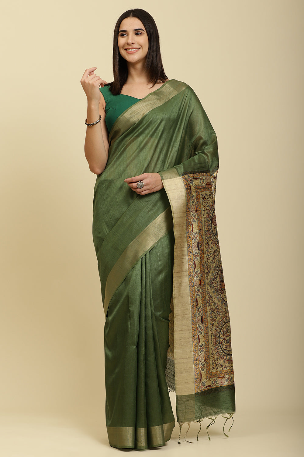 Green Color Cotton Silk Madhubani Print Saree