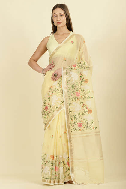 Yellow Kota Cotton Floral Resham Embroidered And Zari Woven Saree
