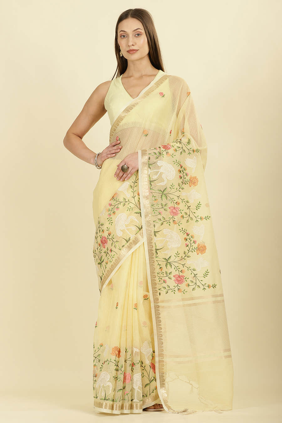 Yellow Kota Cotton Floral Resham Embroidered And Zari Woven Saree