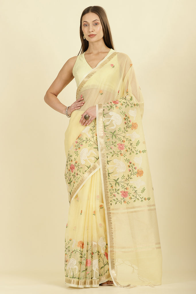 Yellow Kota Cotton Floral Resham Embroidered And Zari Woven Saree