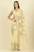 Yellow Kota Cotton Floral Resham Embroidered And Zari Woven Saree