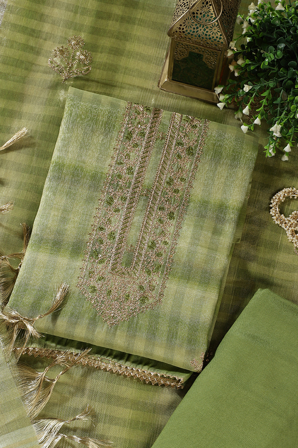 Green Tissue Silk Zari And Resham Embroidered Unstitched Suit Material
