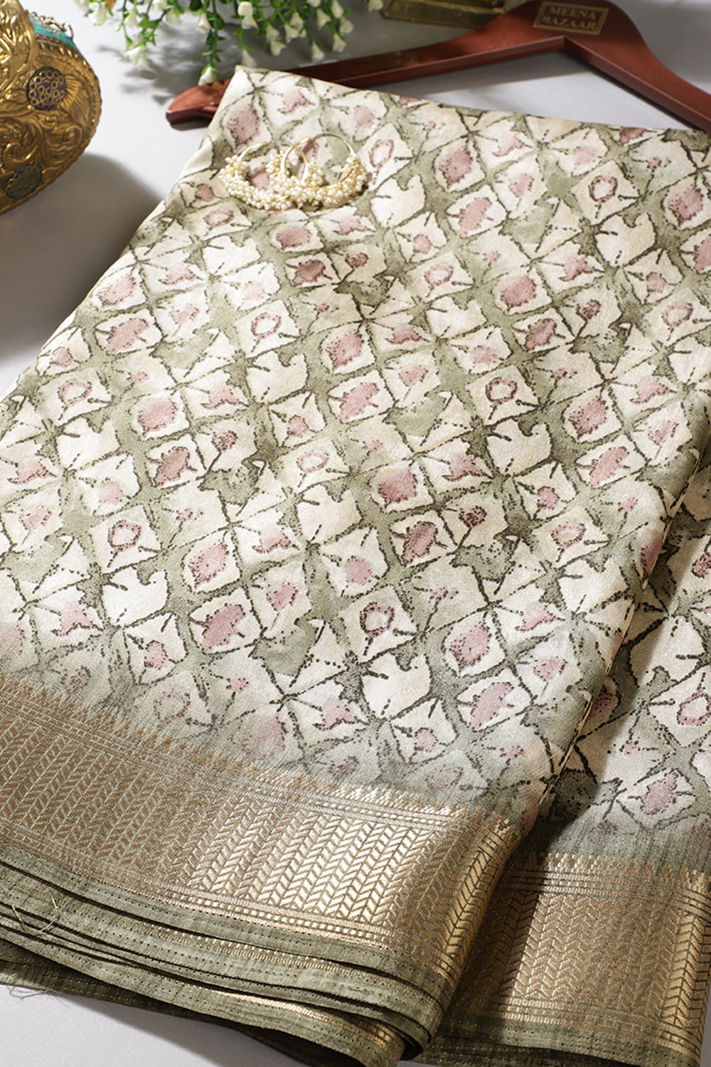 Sage Green Color Cotton Silk Abstract Printed Saree