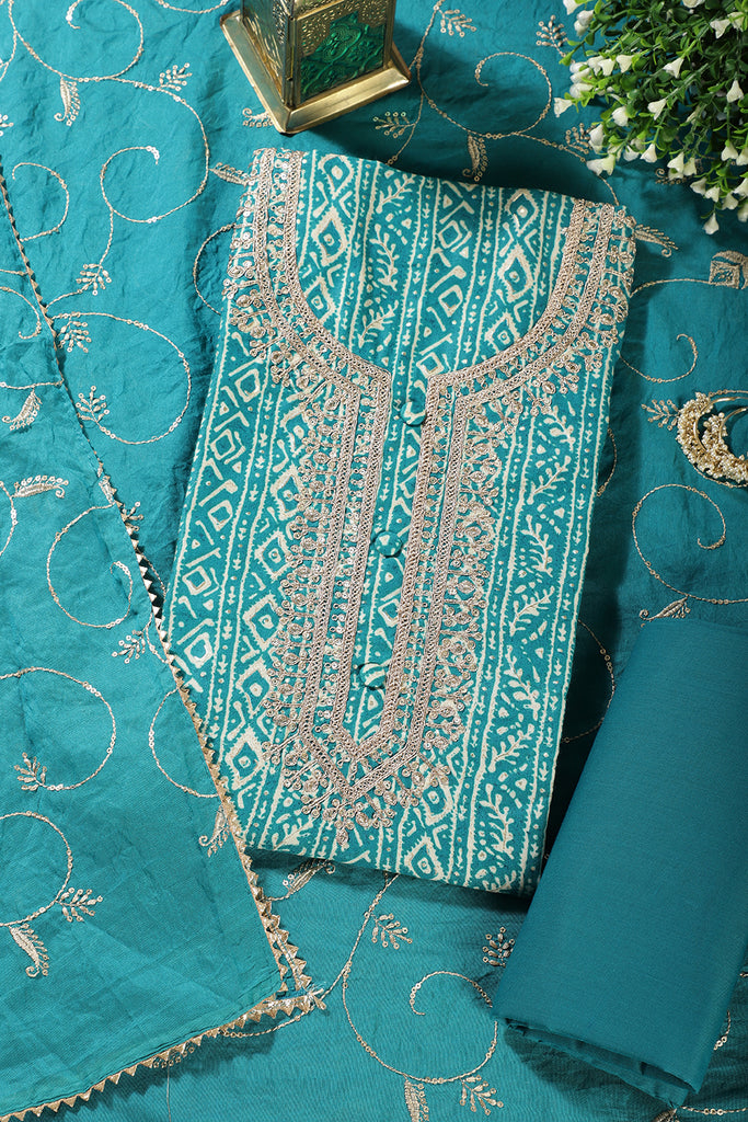 Teal Blue Cotton Digital Printed & Neck Embroidered Unstitched Suit
