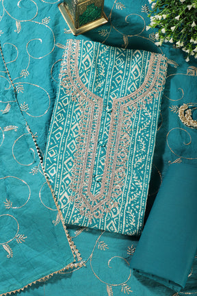 Teal Blue Cotton Digital Printed & Neck Embroidered Unstitched Suit