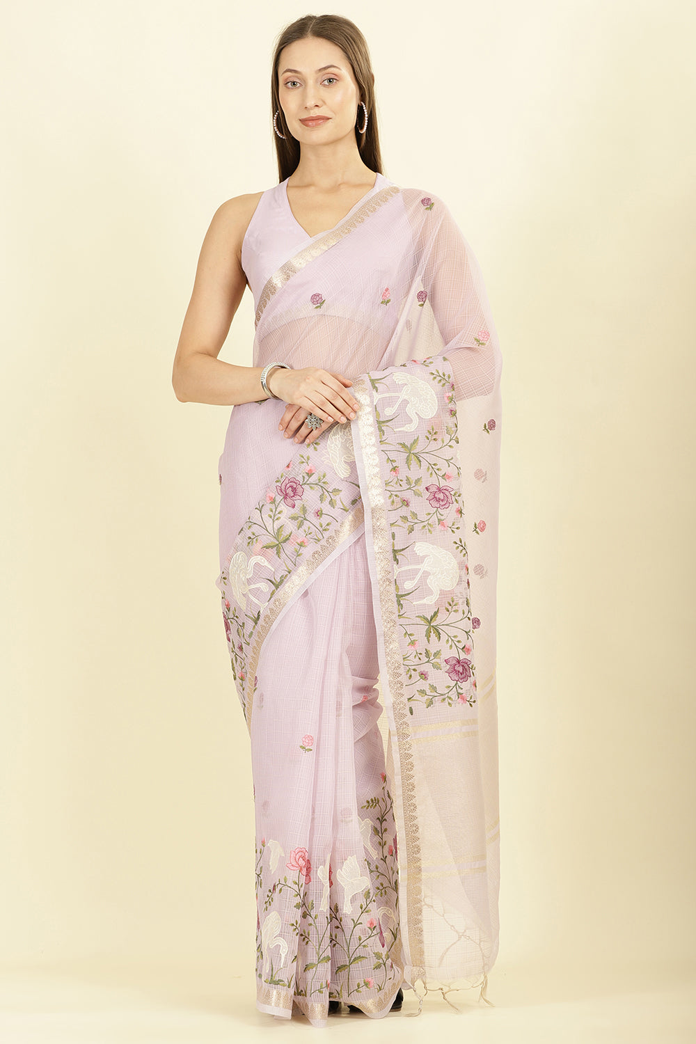Mauve Kota Cotton Floral Resham Embroidered And Zari Woven Saree