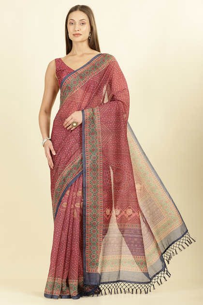 Maroon Organza Cotton Bandhani Block Printed Saree