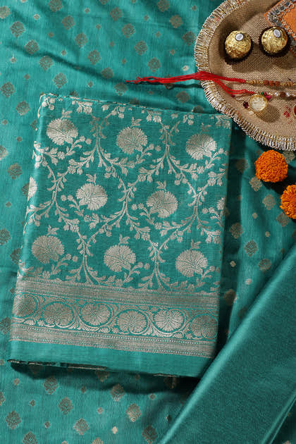 Teal Green Colour Zari Woven Silk Unstitched Suit Fabric