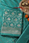 Teal Green Colour Zari Woven Silk Unstitched Suit Fabric