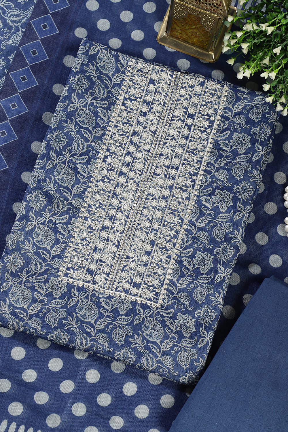 Navy Blue Cotton Silk Floral Printed and Neck Embroidered Unstitched Suit