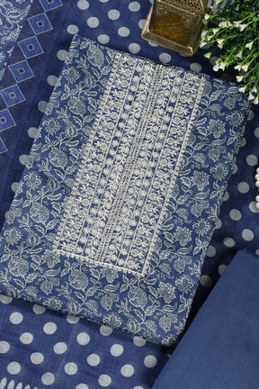 Navy Blue Cotton Silk Floral Printed and Neck Embroidered Unstitched Suit