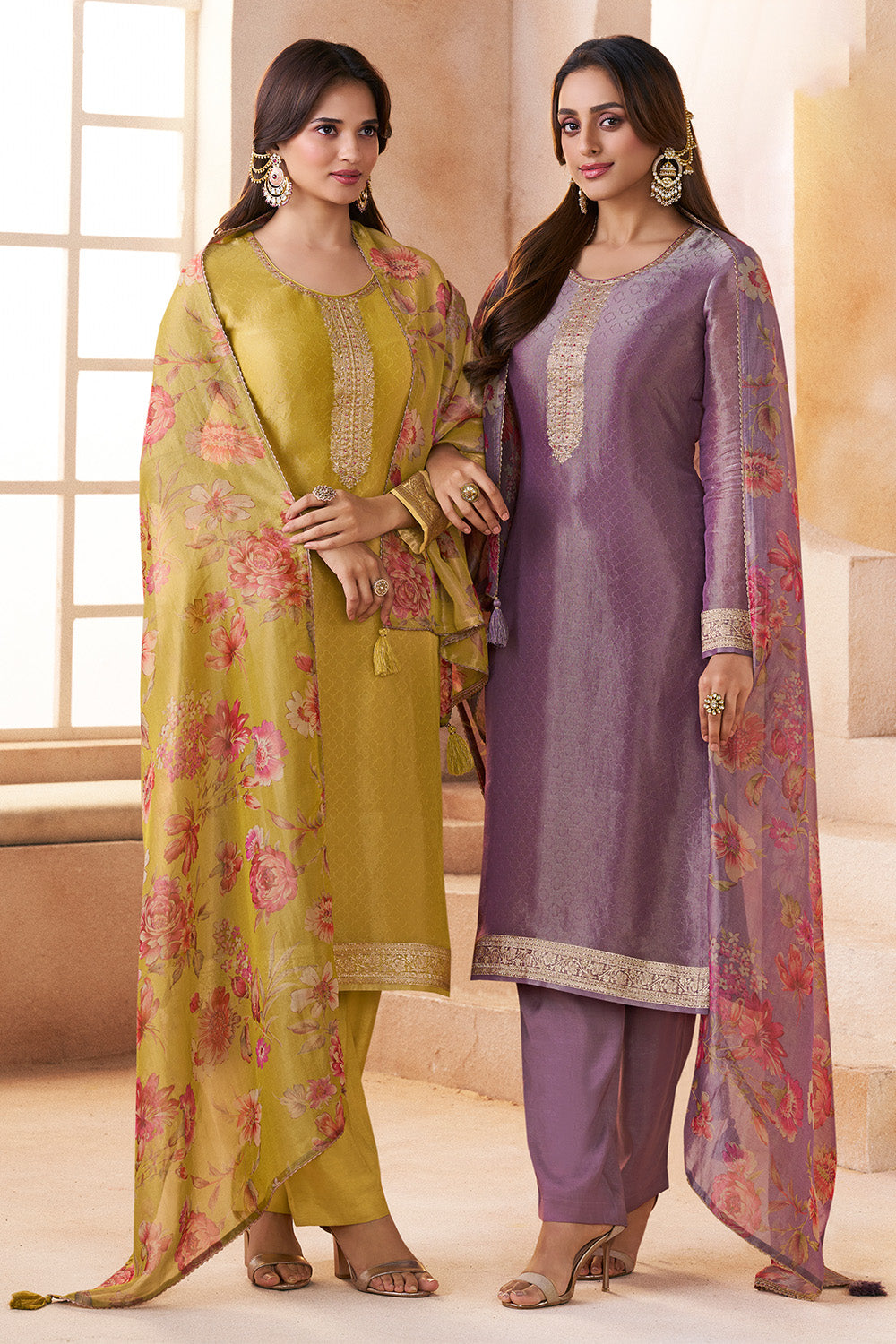 Lavender Metallic Tissue Zari Woven Unstitched Suit Material