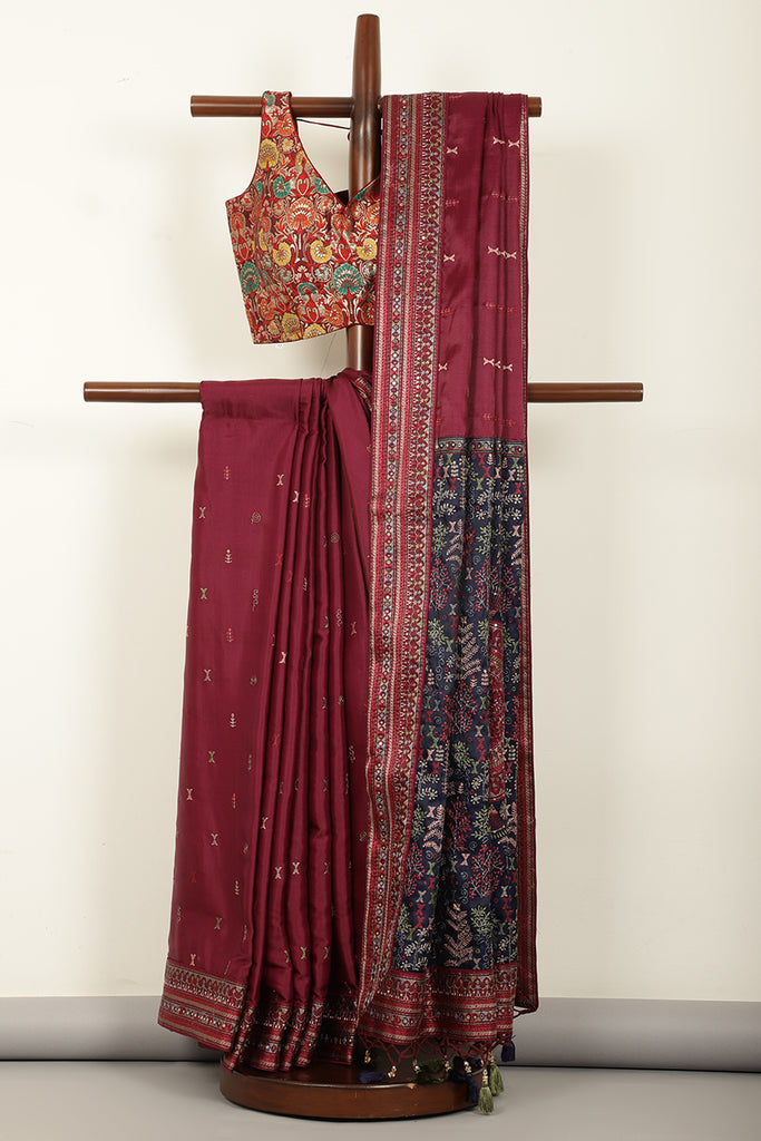 Navy & Wine Silk Resham Embroidered Designer Sarees