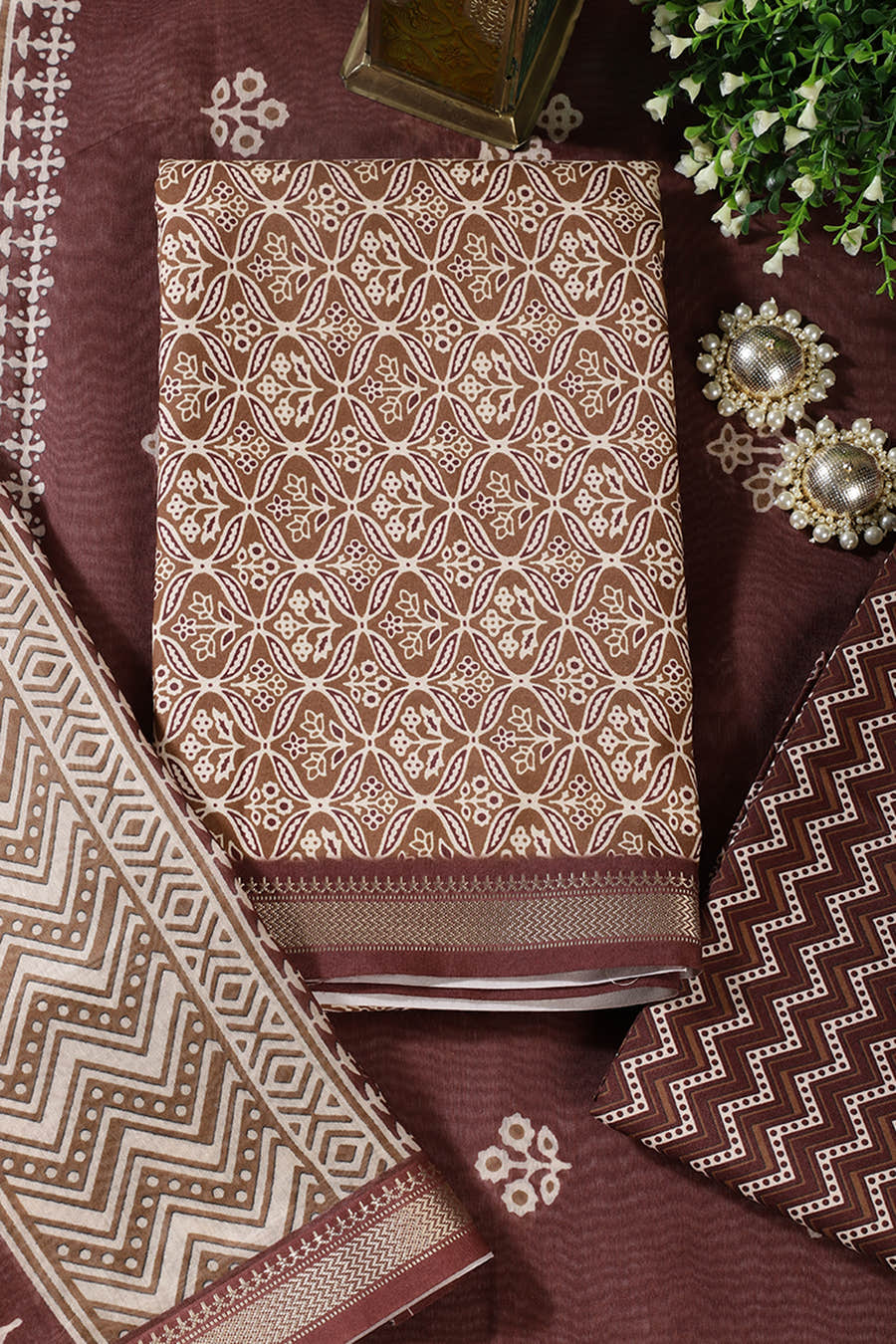 Brown Cotton Ajrakh Block Print Unstitched Suit Material