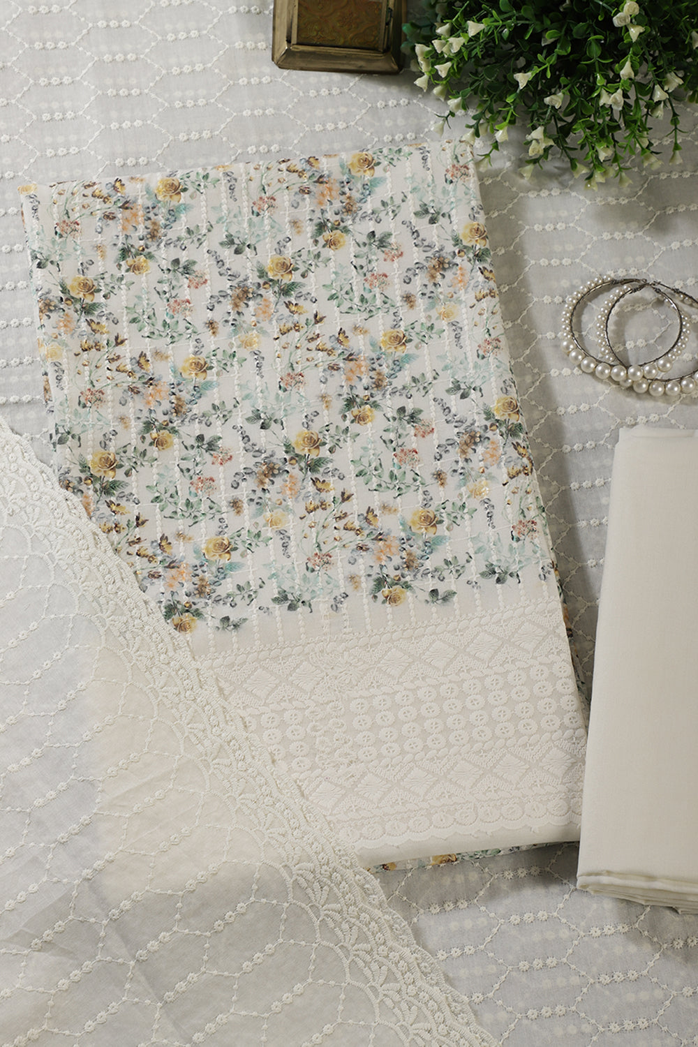 Cream & Mustard Cotton Chikankari Work Floral Printed Unstitched Suit