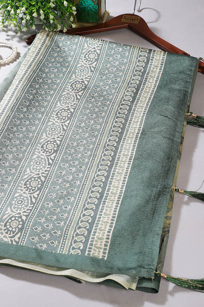 Sea Green Floral Printed Tussar Silk Saree