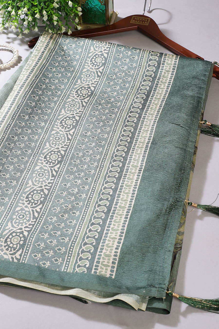 Sea Green Floral Printed Tussar Silk Saree