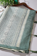 Sea Green Floral Printed Tussar Silk Saree