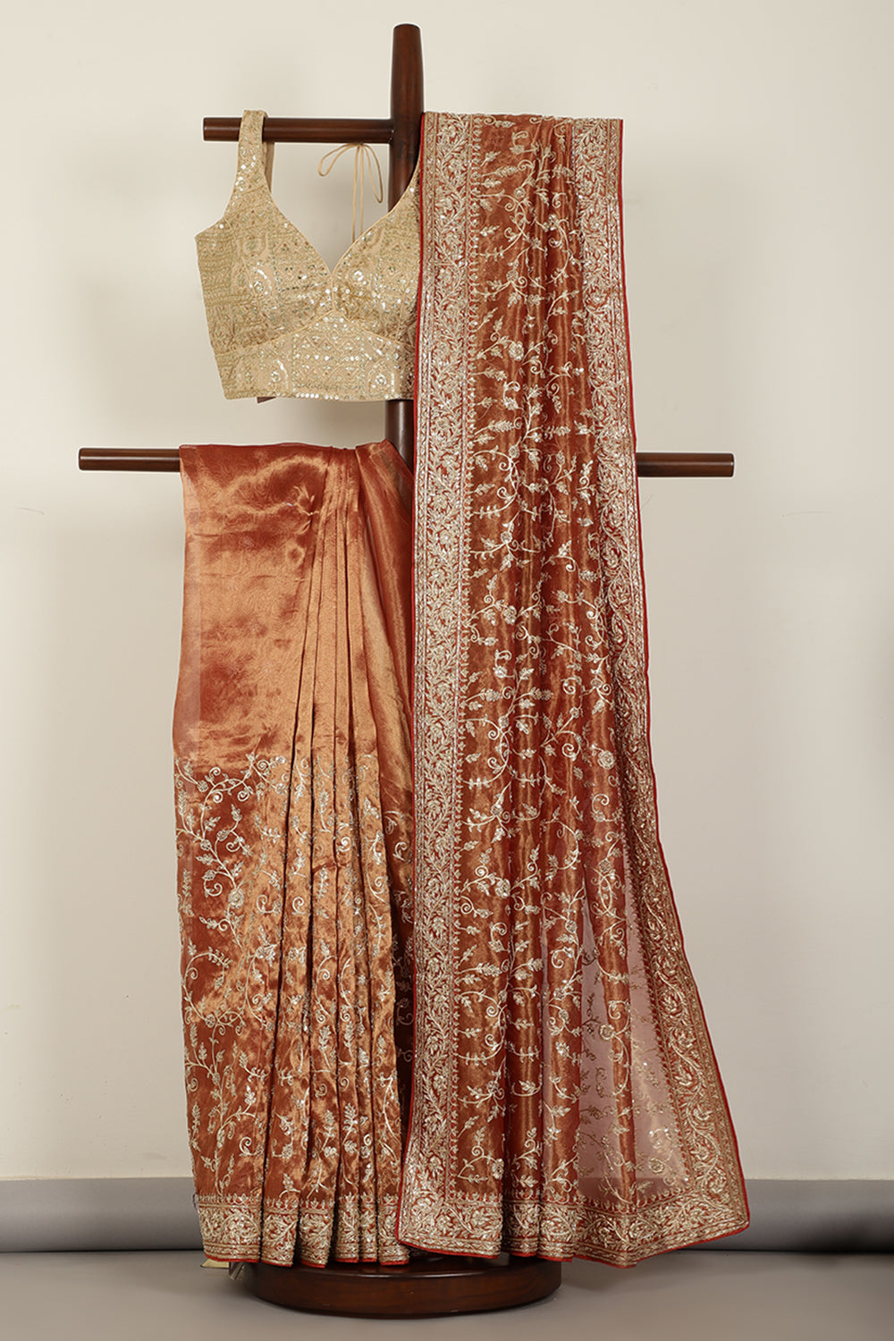 Copper Gold Pure Tissue Silk Saree with Aari & Zardozi Handwork