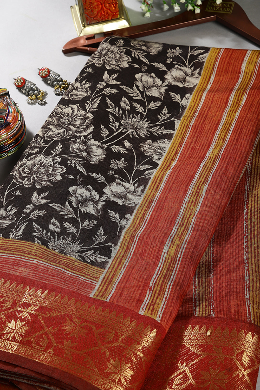Black Color Printed Cotton Saree with Zari Border