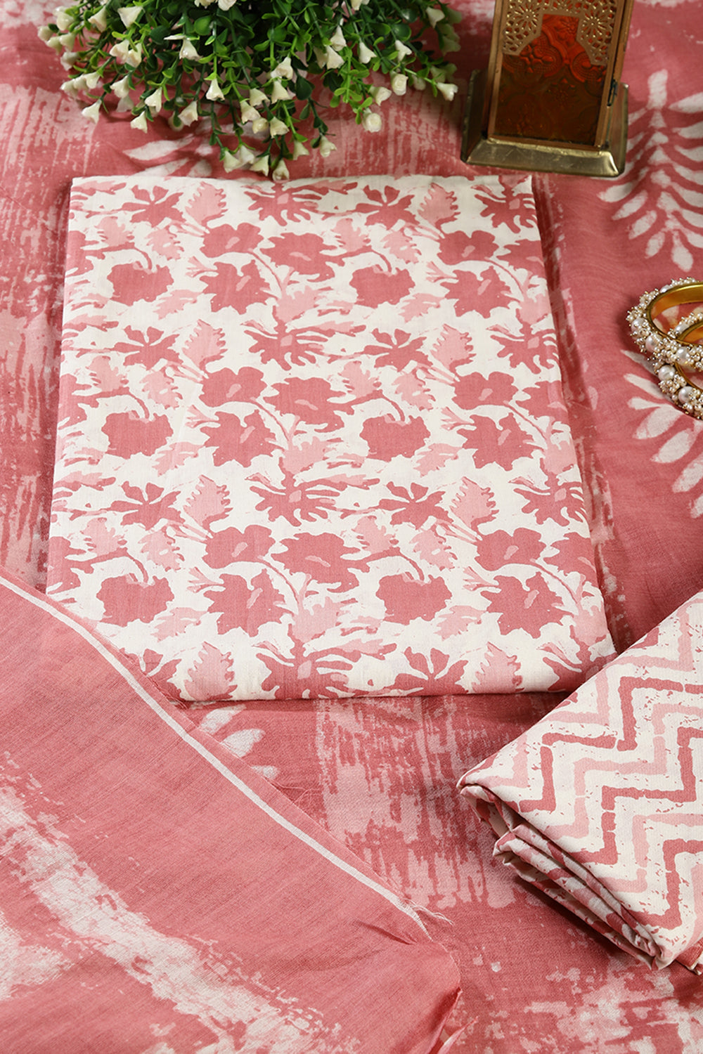 Pink Color Cotton Printed Unstitched Suit