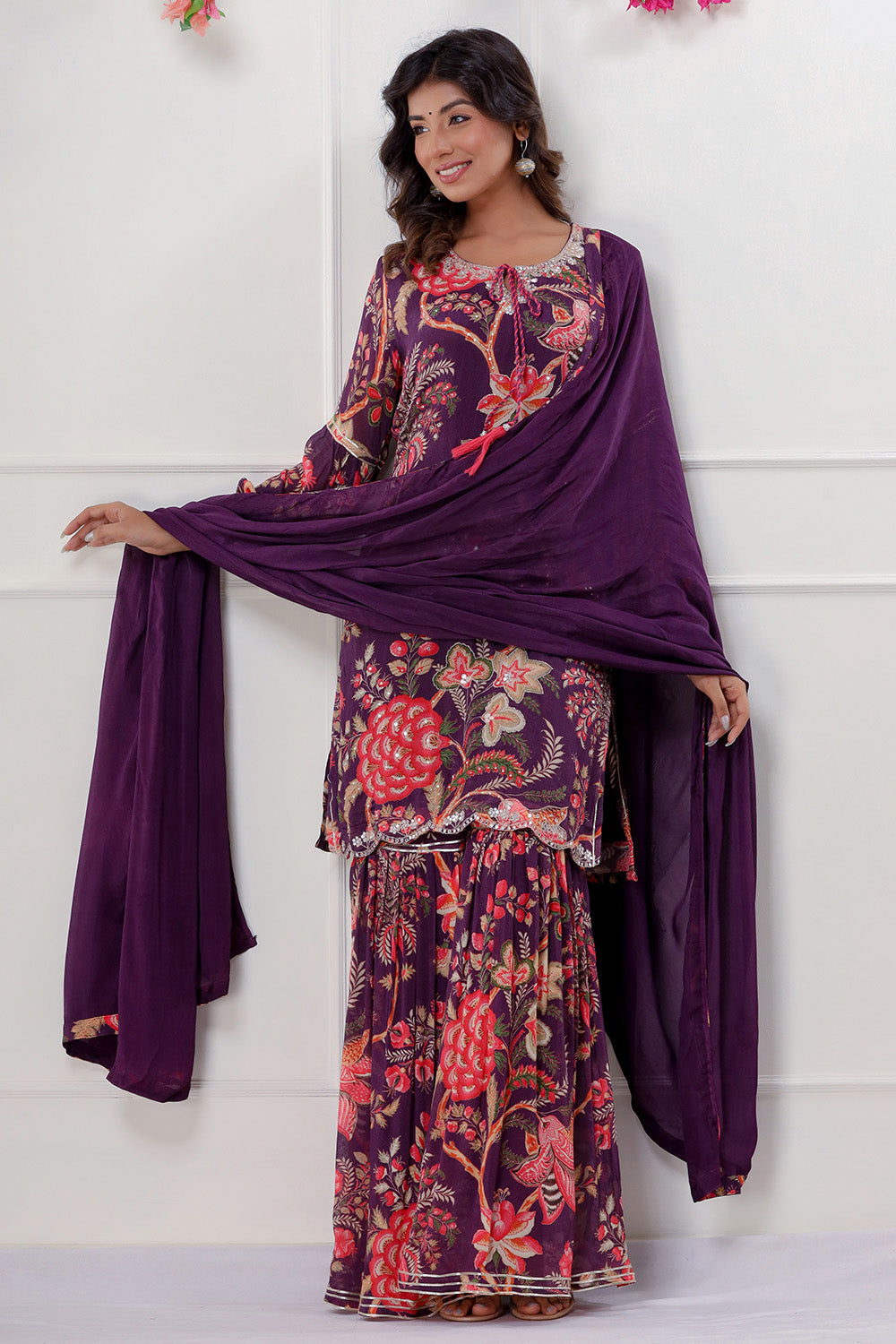 Purple Color Crepe Printed Gharara Suit