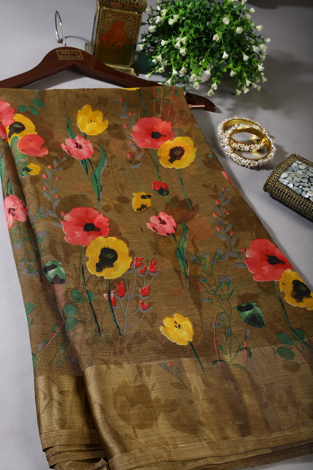 Light Brown Color Floral Printed Chiffon Saree