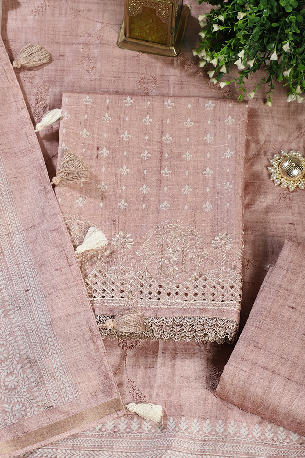 Light Peach Tussar Cotton Printed And Reham Embroidered Unstiched Suit Material