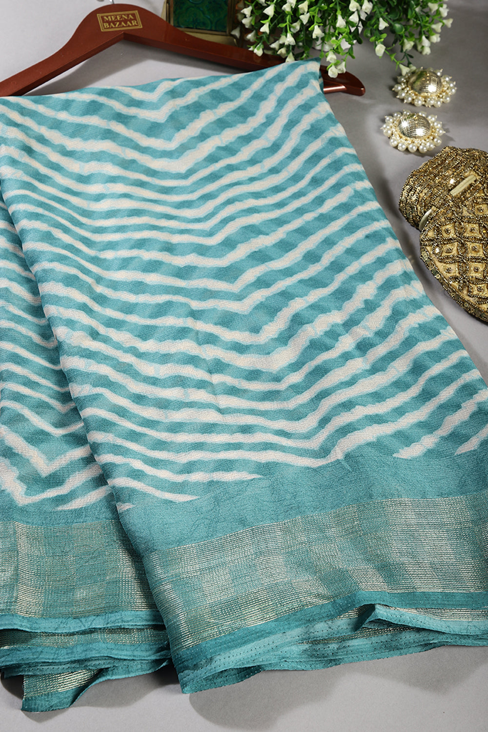 Firozi Color Chiffon Leheriya Printed Saree