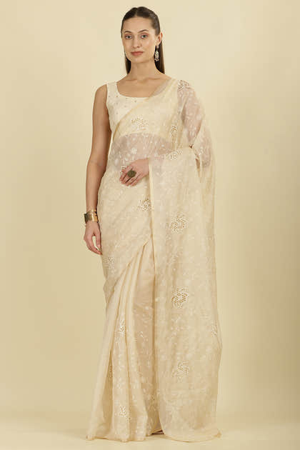 Cream Floral Resham Embroidered Cotton Saree