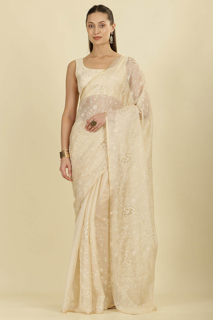 Cream Floral Resham Embroidered Cotton Saree