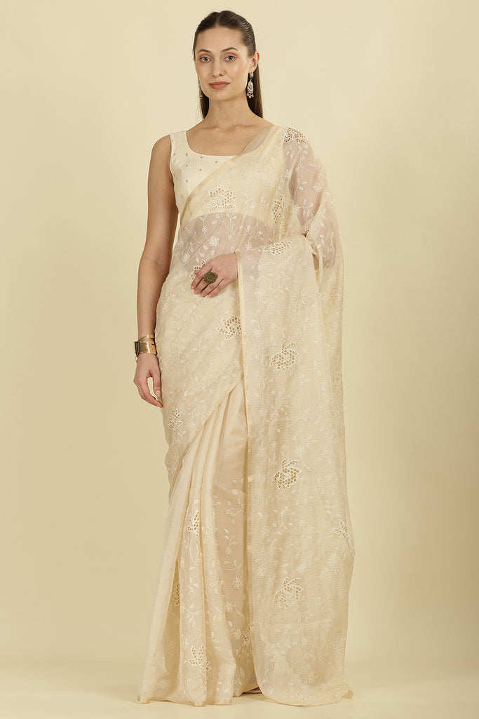 Cream Floral Resham Embroidered Cotton Saree