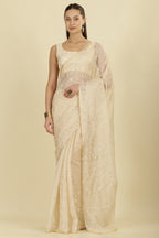 Cream Floral Resham Embroidered Cotton Saree