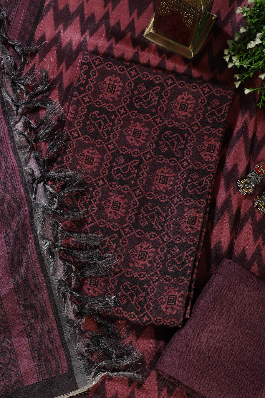 Wine Chanderi Cotton Digital Printed Unstiched Suit Material