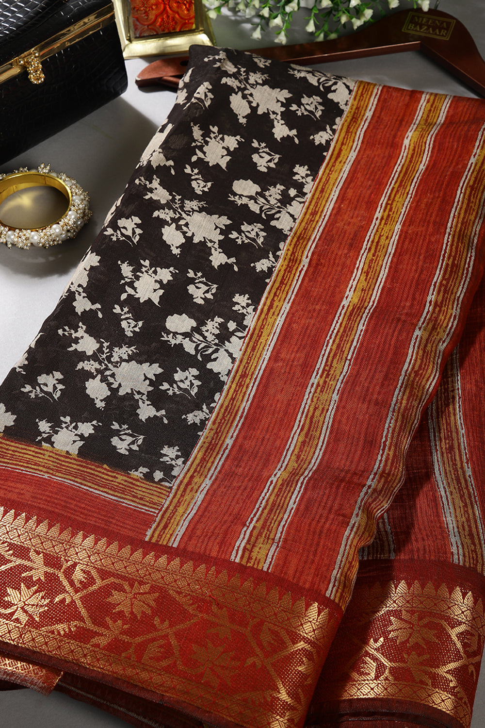 Black Color Printed Cotton Saree with Zari Border