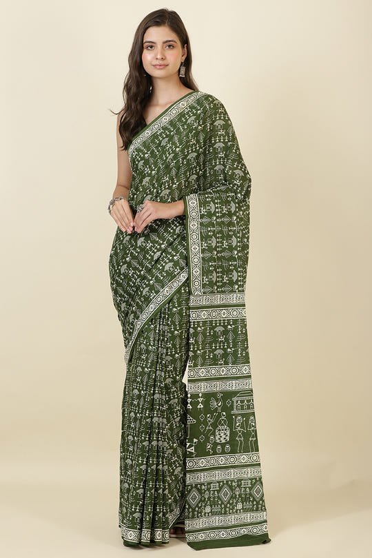 Green Cotton Dhabu Printed Saree