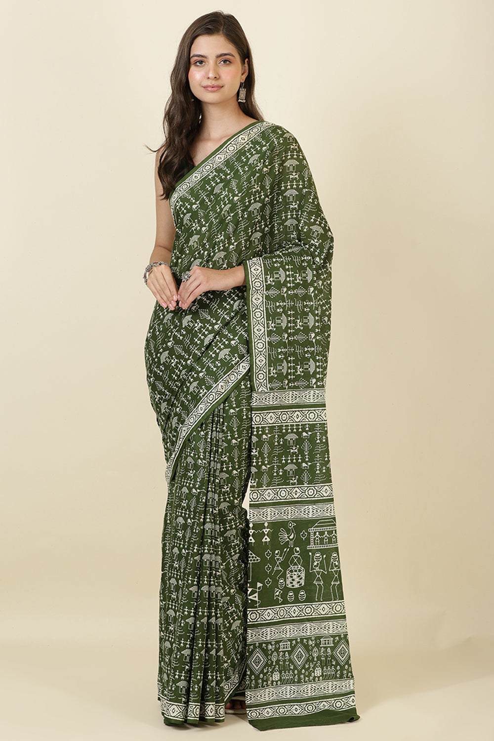 Green Cotton Dhabu Printed Saree